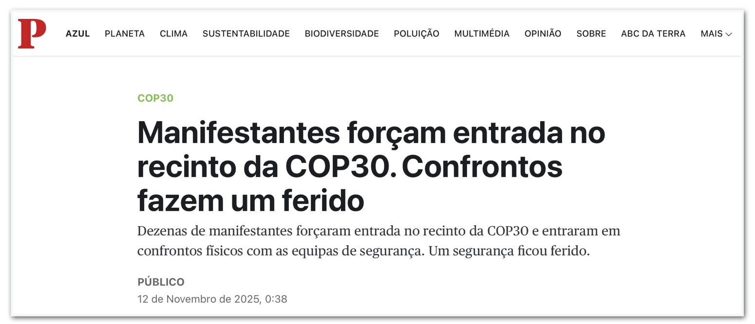 Mídia Internacional noticia quebra-quebra na COP30