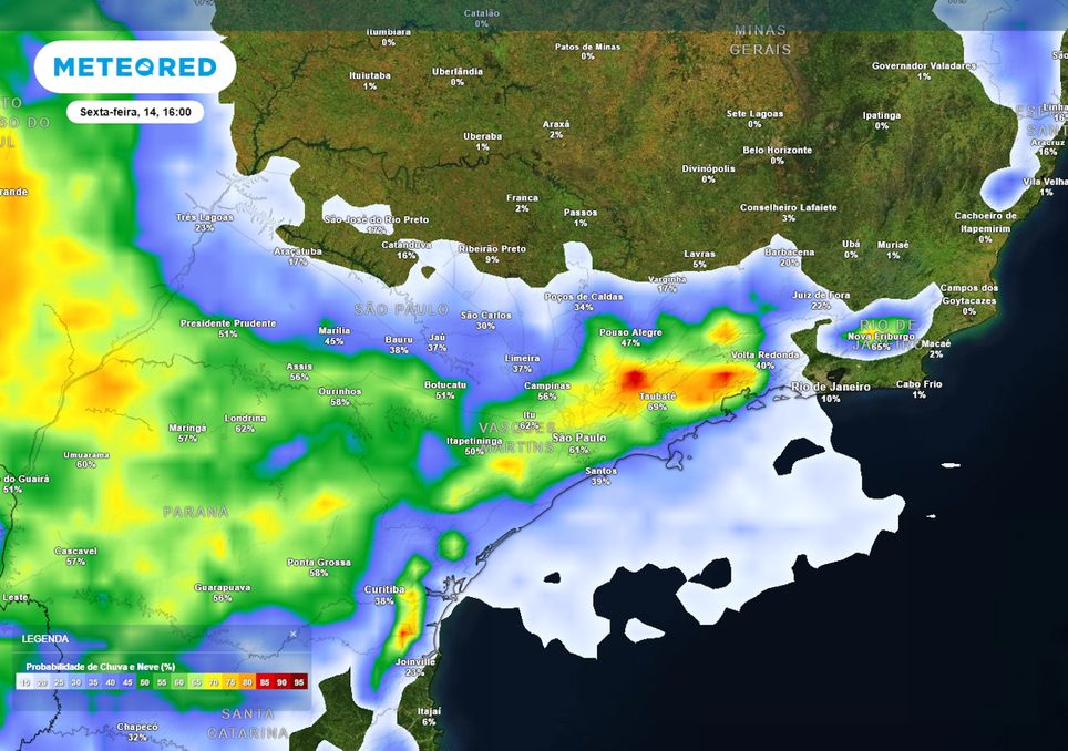 Previsão de probabilidade de chuva na sexta-feira durante a tarde