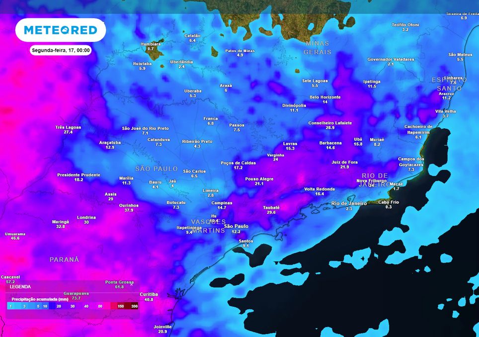 Previsão de acumulados totais de chuva até o final do domingo.