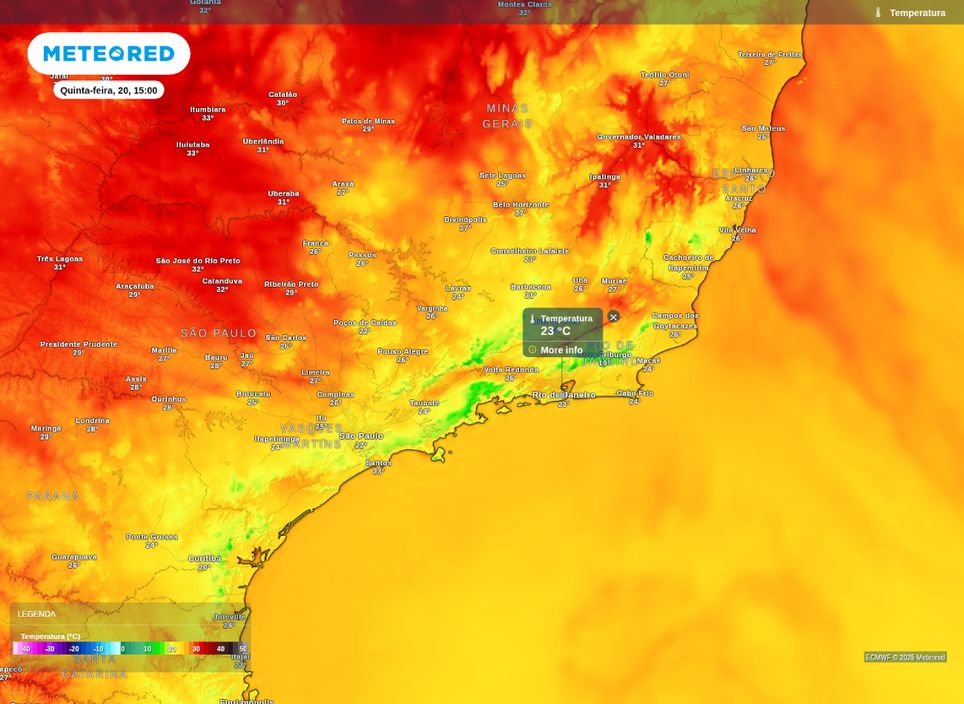 Temperatura máxima prevista para o Sudeste na tarde de quinta-feira (20). Temperatura máxima prevista para o Sudeste na tarde de quinta-feira (20).