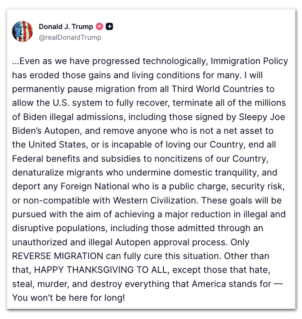 Segunda parte da postagem de Trump sobre imigração e Terceiro Mundo