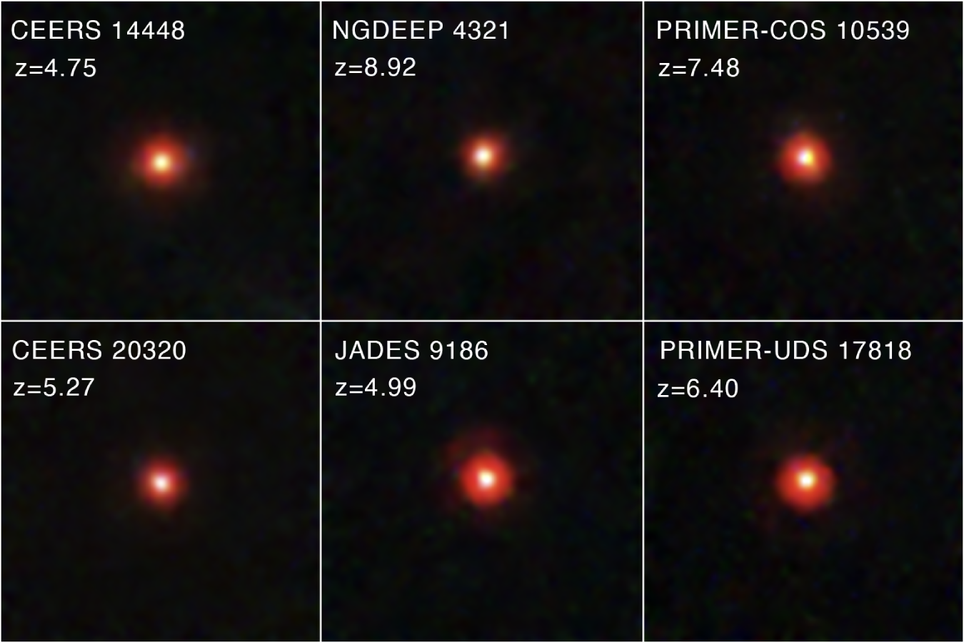 Alguns dos little red dots que foram encontrados pelo James Webb em uma das primeiras levas de observação e foram divulgadas pela NASA. Crédito: NASA