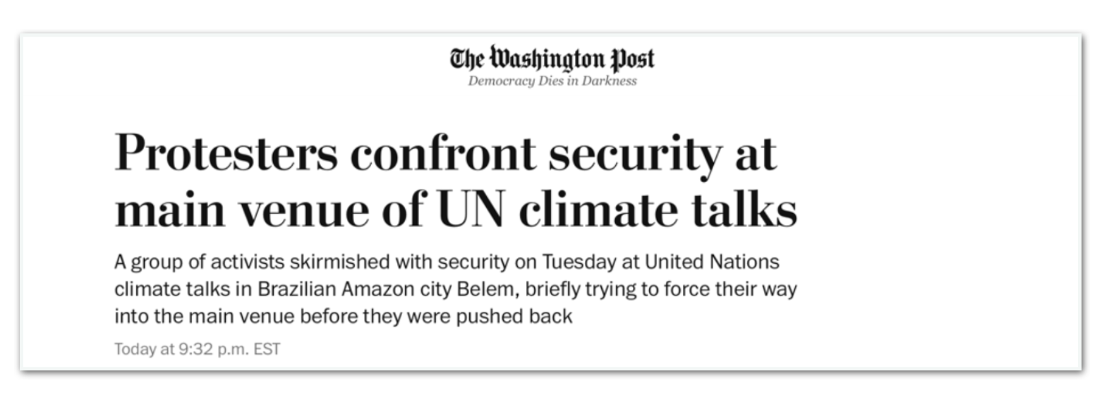 Mídia Internacional noticia quebra-quebra na COP30