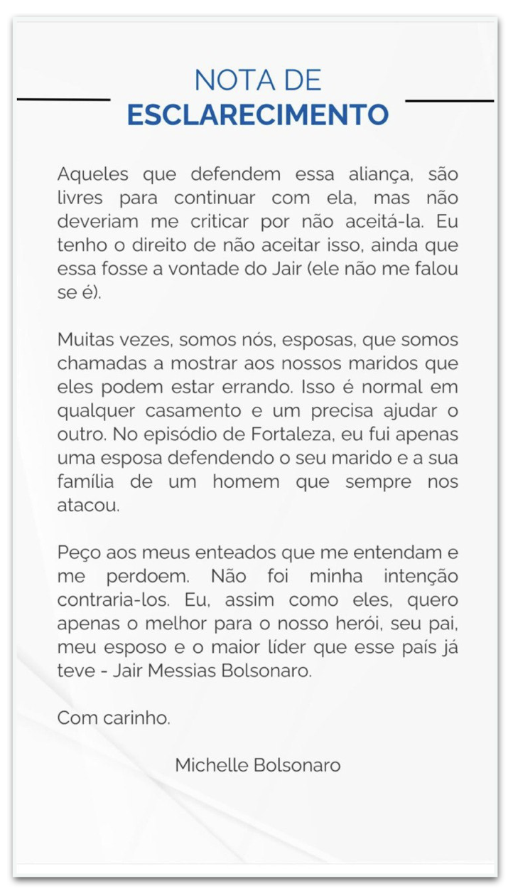 Nota de esclarecimento da Michelle Bolsonaro (Parte 4)