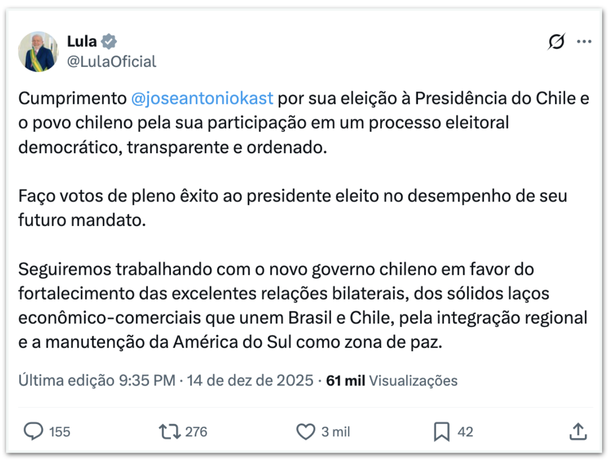 Lula dá parabéns a José Antonio Kast por vitória no Chile