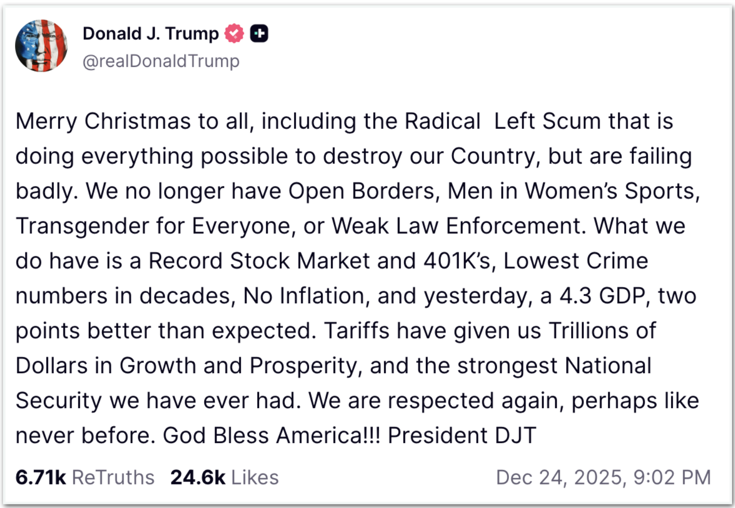 Post de Donald Trump na rede social Truth Social