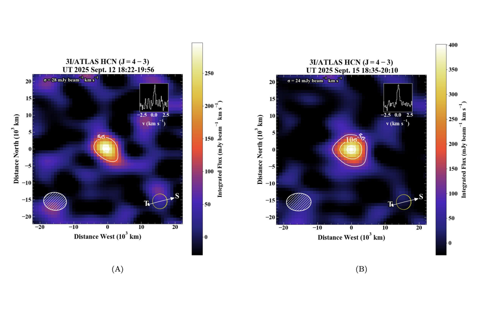 Artigo traz análise sobre a composição do 3I/ATLAS e a presença de metanol e cianeto de hidrogênio em diferentes pontos do cometa. Crédito: Roth et al.