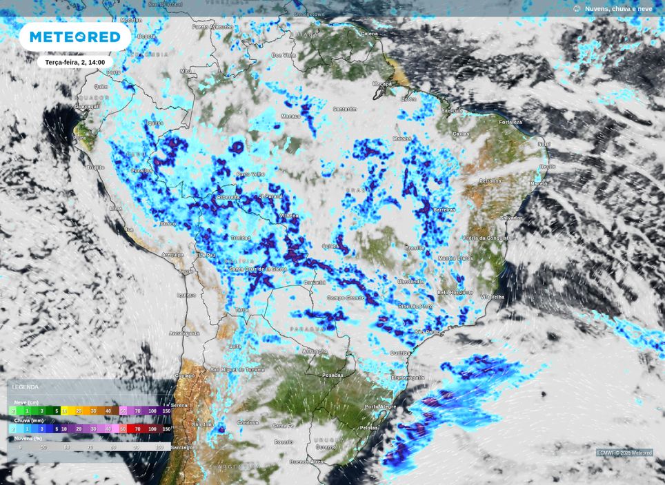 Mapa da previsão de chuva para a tarde desta terça-feira (2).