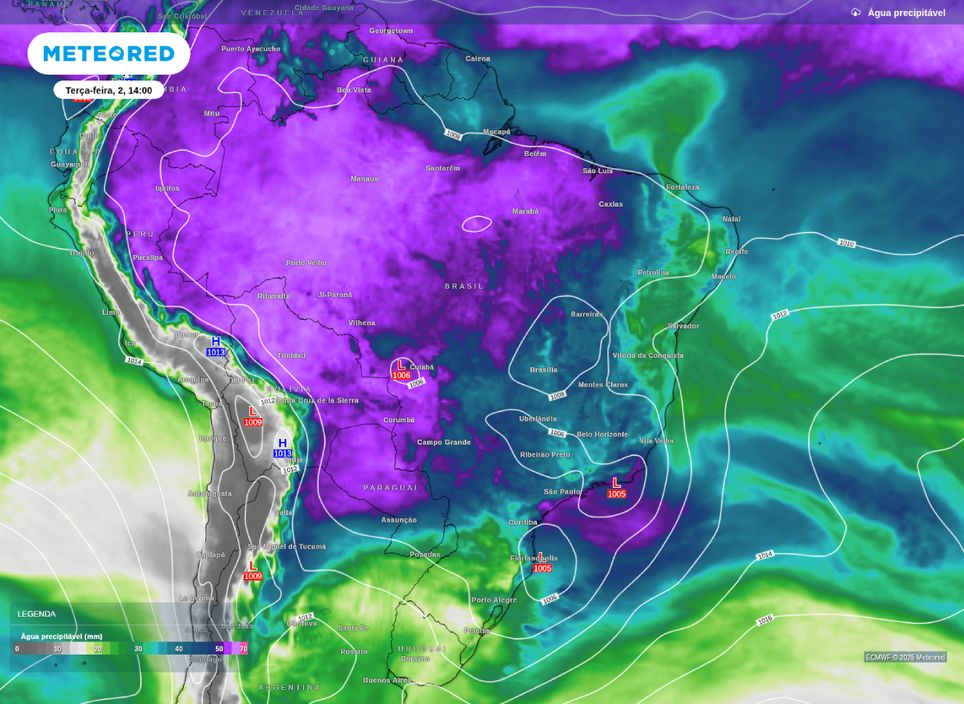 Mapa de água precipitável e pressão a nível médio do mar nesta terça-feira (2).
