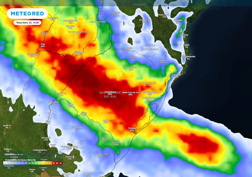 Previsão de probabilidade de chuva nesta terça-feira durante a tarde.