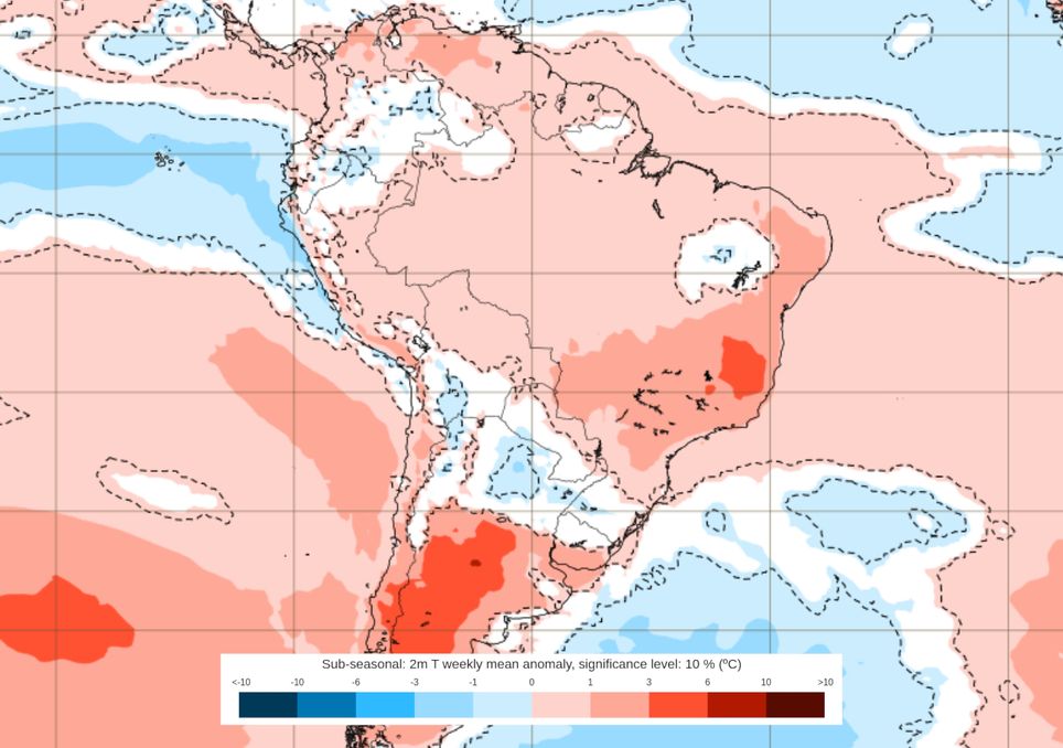 Previsão de anomalias de temperatura entre os dias 29 de Dezembro e 05 de Janeiro.