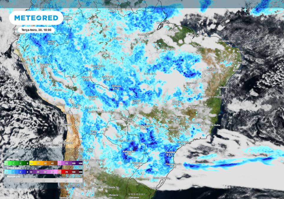 Previsão de nebulosidade e chuva no final da próxima quarta-feira.