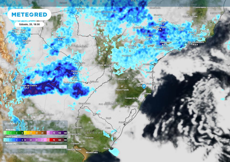 Previsão de nebulosidade e chuva no sábado durante a tarde.