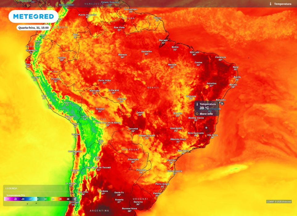 Temperatura prevista para a tarde desta quarta-feira (31).