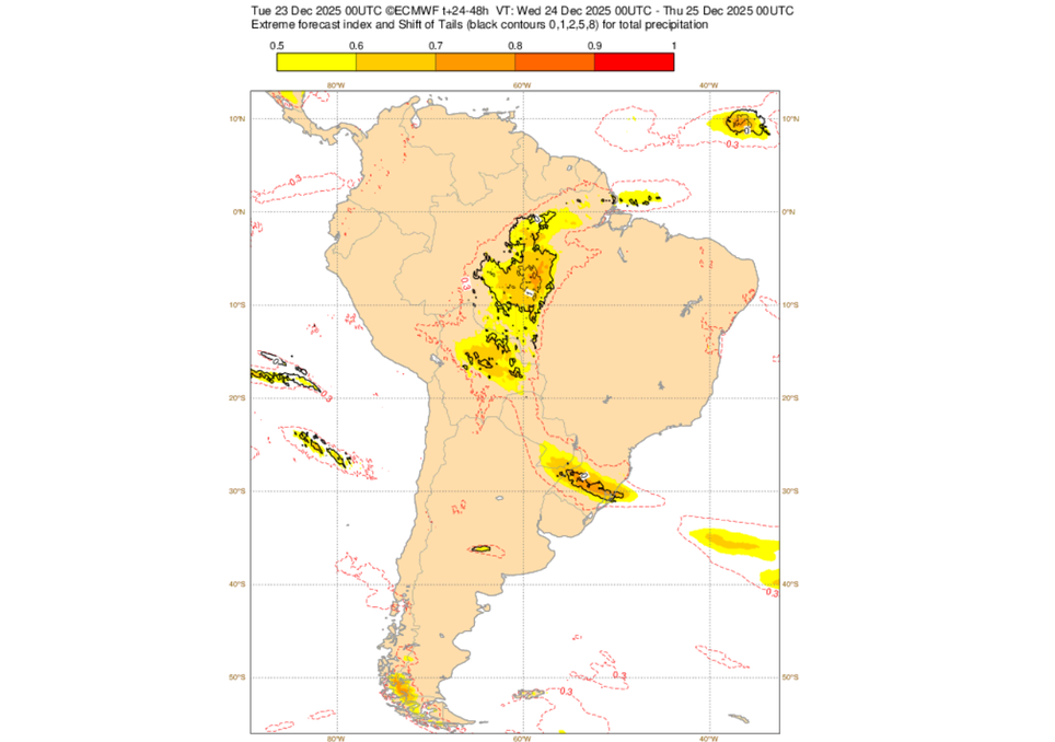 EFI do ECMWF para precipitação nesta quarta-feira (24). Créditos: ECMWF.