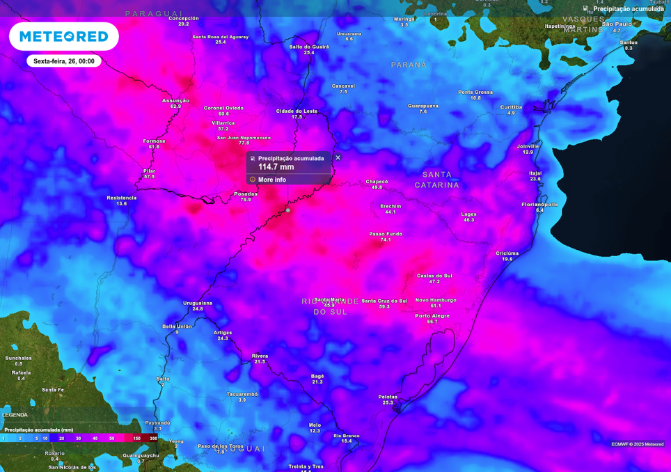 Previsão de chuva acumulada até o final desta quinta-feira (25), de acordo com o ECMWF.