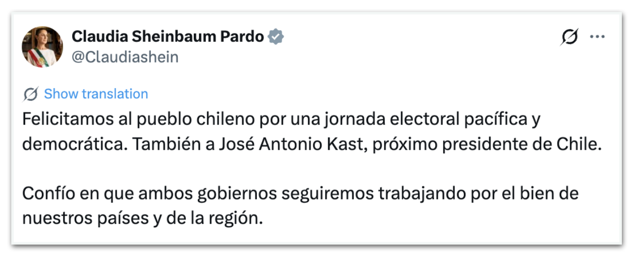 Claudia Sheinbaum, presidente do México, dá parabéns a José Antonio Kast, eleito no Chile