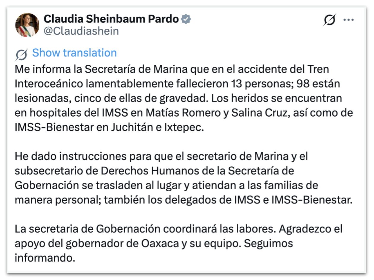 Claudia Sheinbaum se manifesta após descarrilamento de trem no México