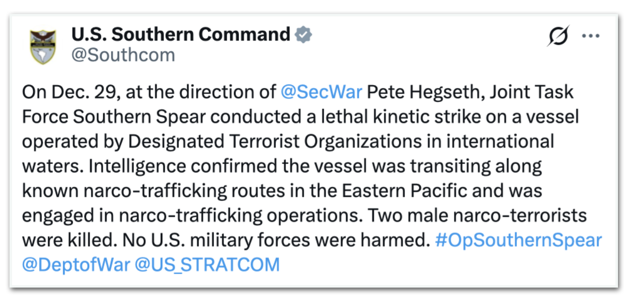 Comando Sul dos EUA confirma novo ataque no Pacífico Oriental