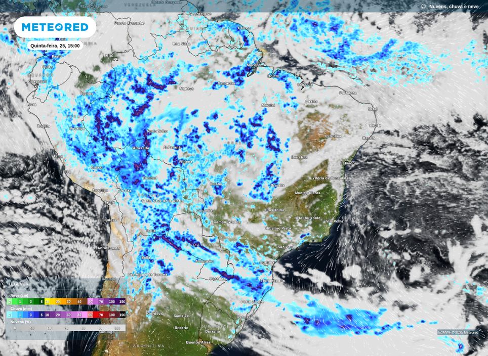 Precipitação prevista para a tarde de quinta-feira (25).