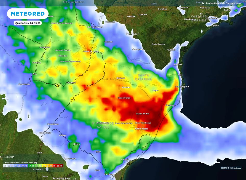 Probabilidade de chuva sobre a Região Sul nesta quarta-feira (24).