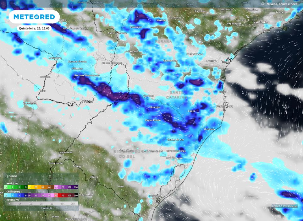 Precipitação prevista para a tarde de quinta-feira (25) para a Região Sul..