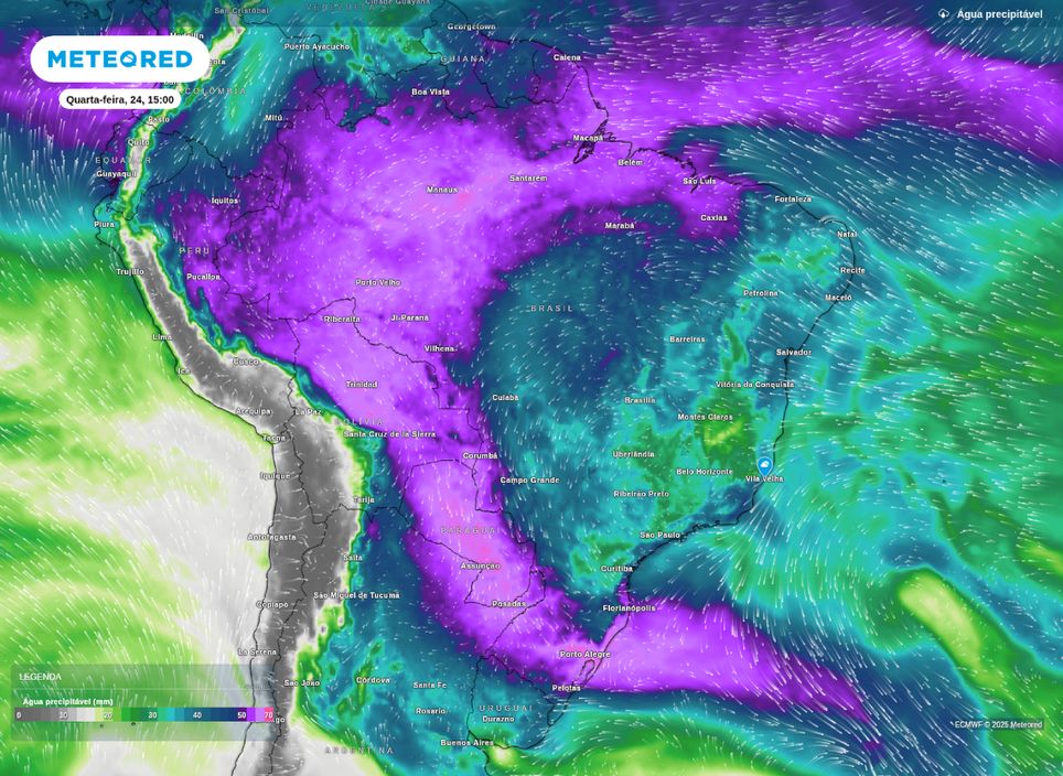 Água precipitável mostra os locais com maiores chances de chuvas volumosas nesta quarta-feira (24).