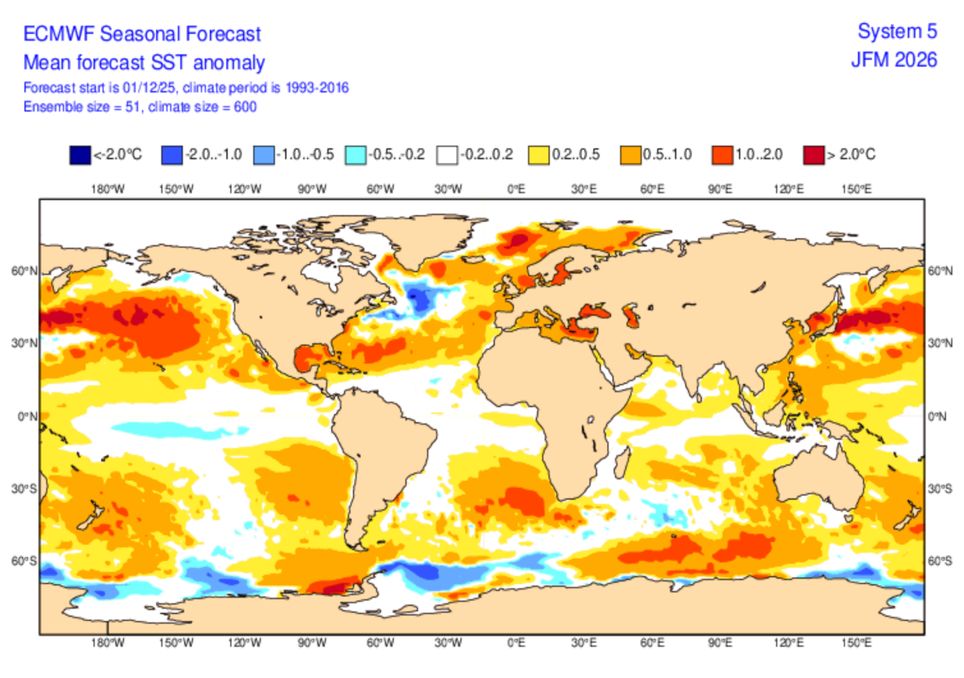Previsão de temperaturas na superfície do oceano em Janeiro - Fevereiro - Março.