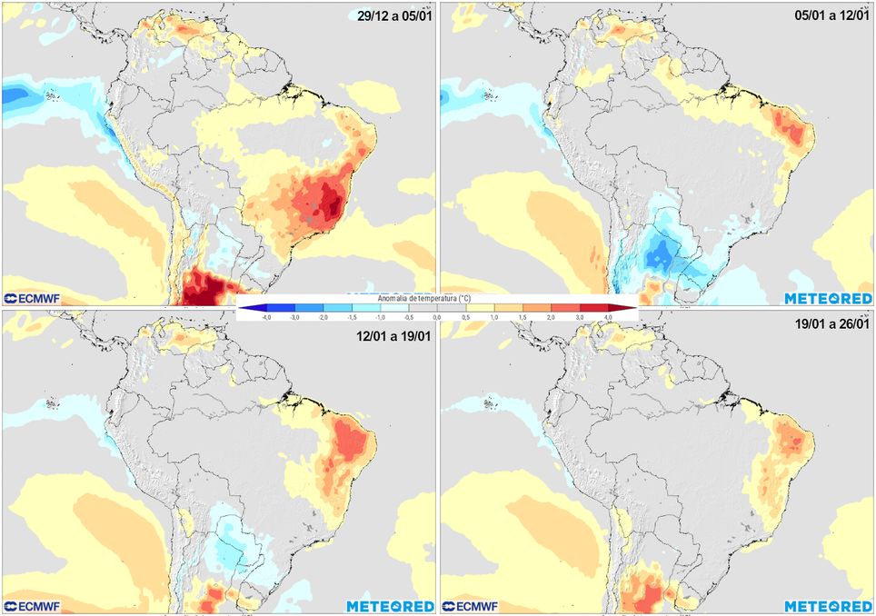 Previsão de anomalias de temperatura ao longo das quatro semanas de Janeiro de 2026.