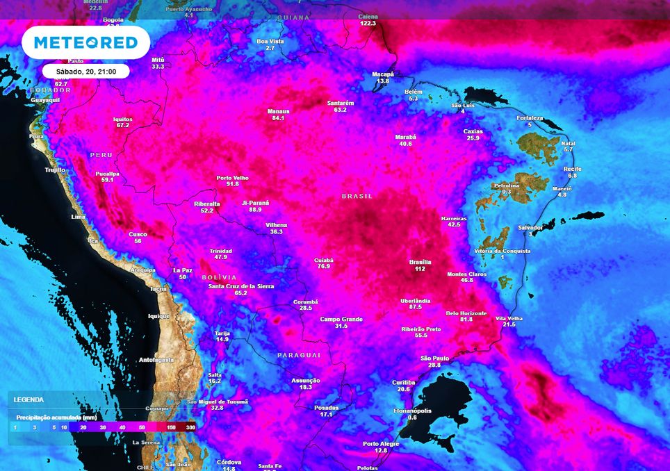 Previsão de acumulados totais de chuva até o final do sábado.