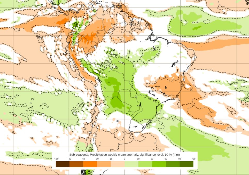 Previsão de anomalias de chuva entre os dias 22 e 29 de Dezembro.