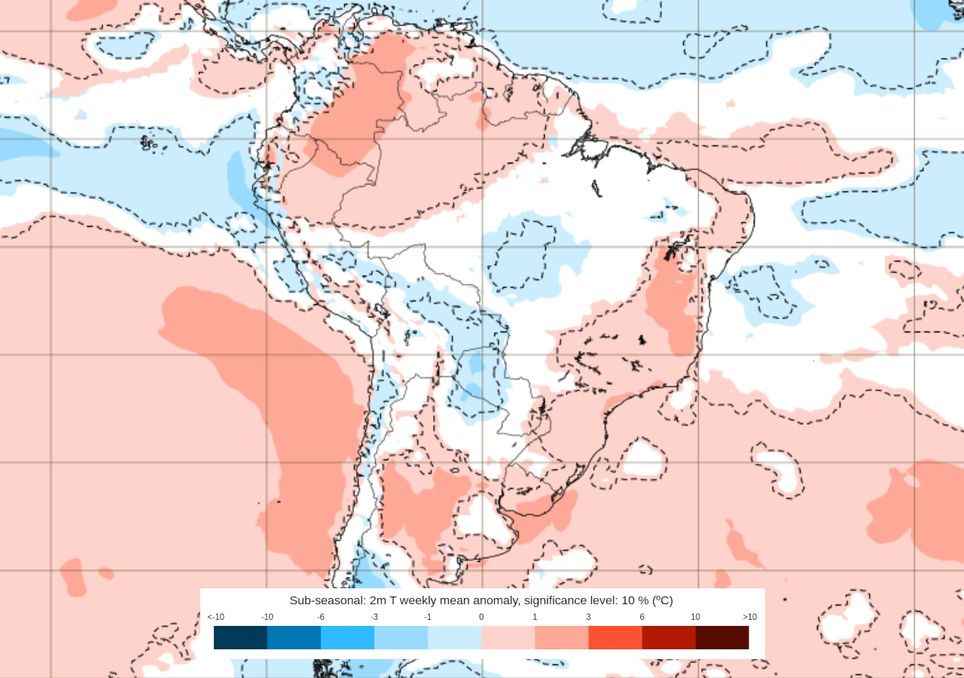 Previsão de anomalias de temperatura entre os dias 22 e 29 de Dezembro.