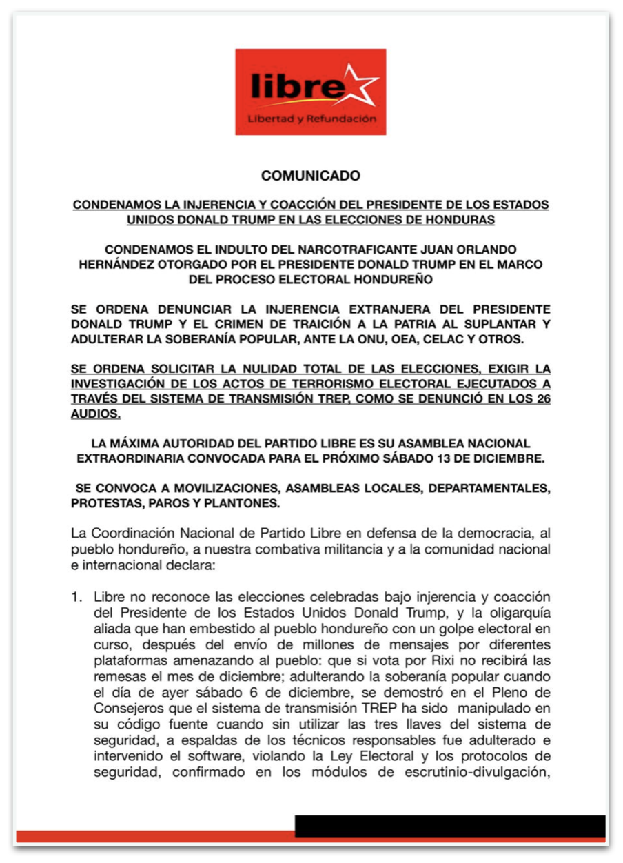Comunicado oficial do Libre de Honduras