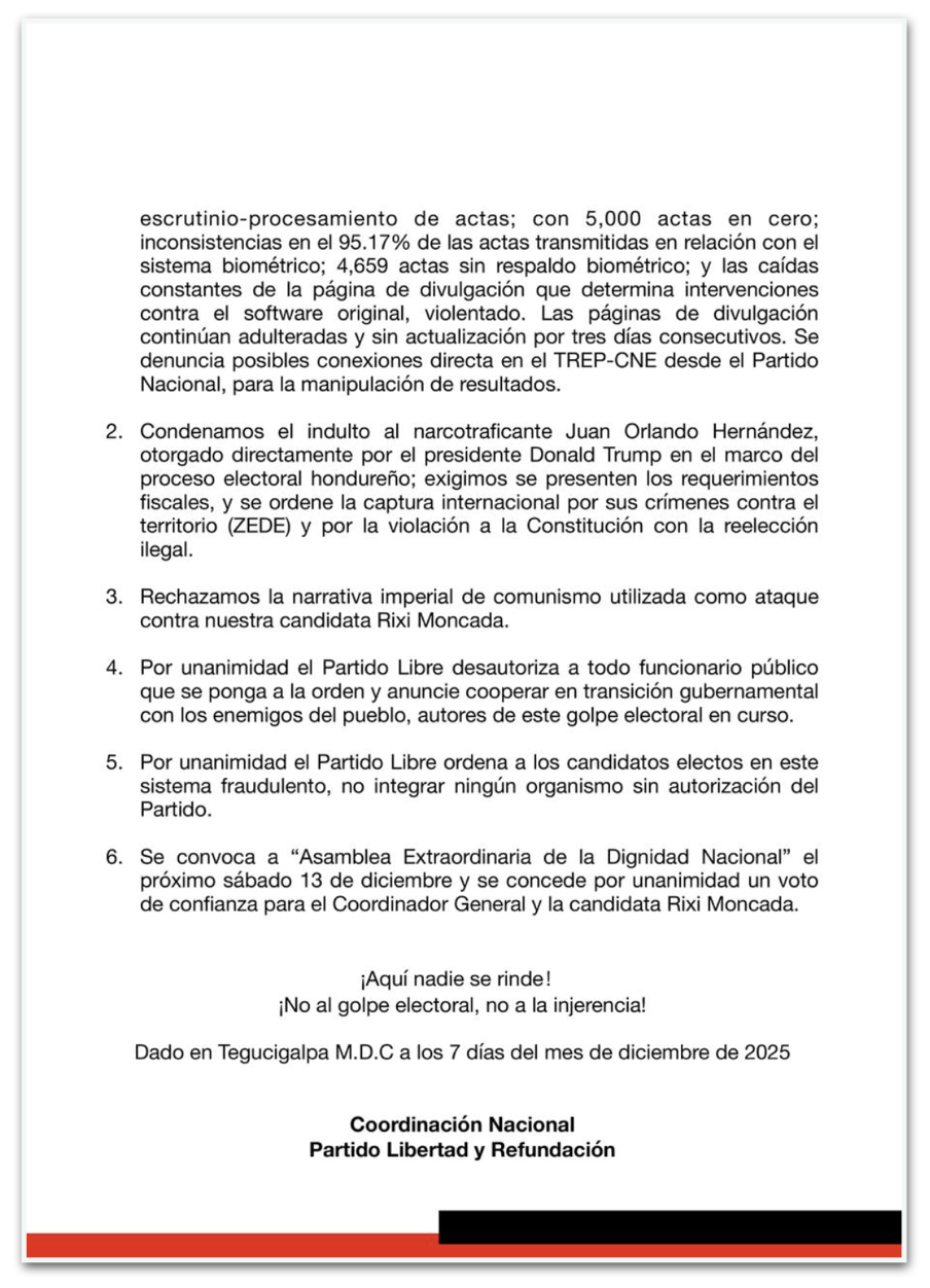 Comunicado oficial do Libre de Honduras