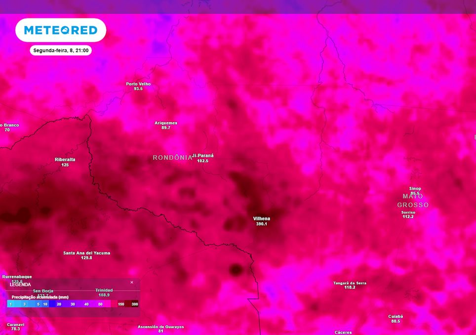 Previsão de acumulados totais de chuva até o final da segunda-feira.