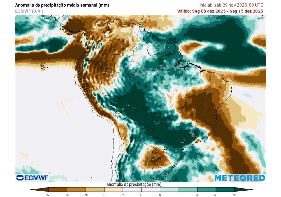 Previsão de anomalias de chuva entre os dias 8 e 15 de Dezembro.