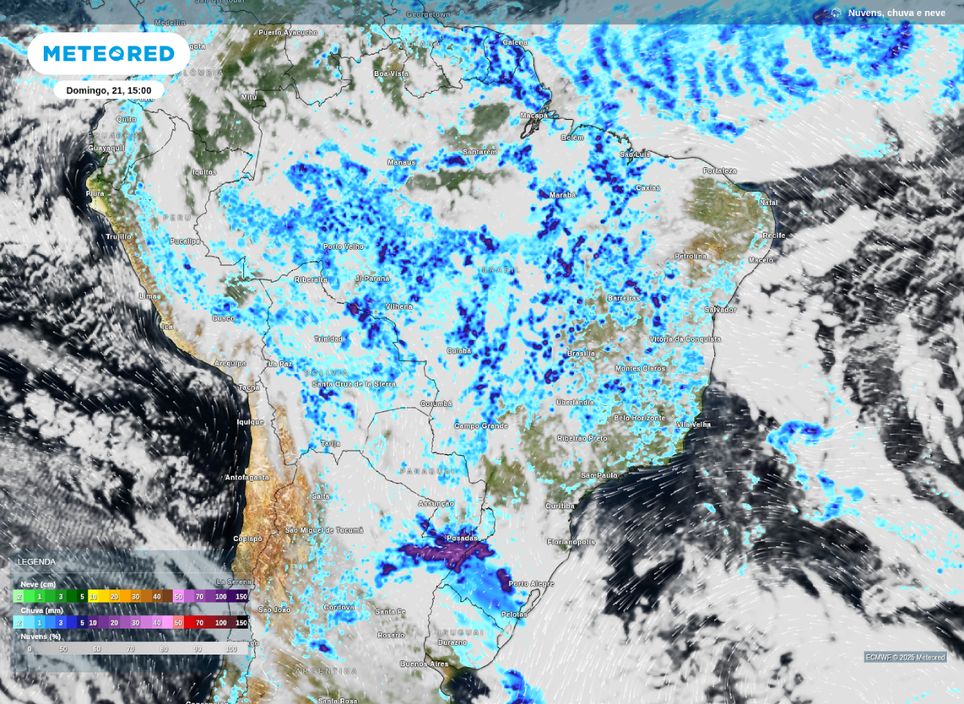 Previsão de precipitação e nebulosidade para a tarde de domingo (21).