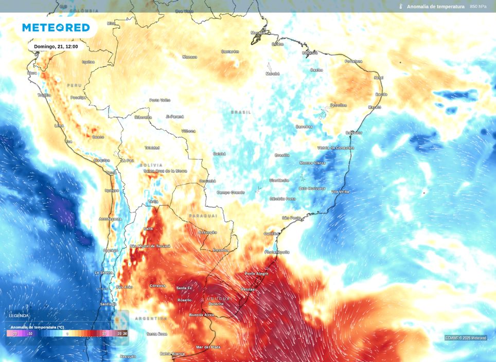 Anomalia de temperatura em 850 hPa para a tarde de domingo (21).
