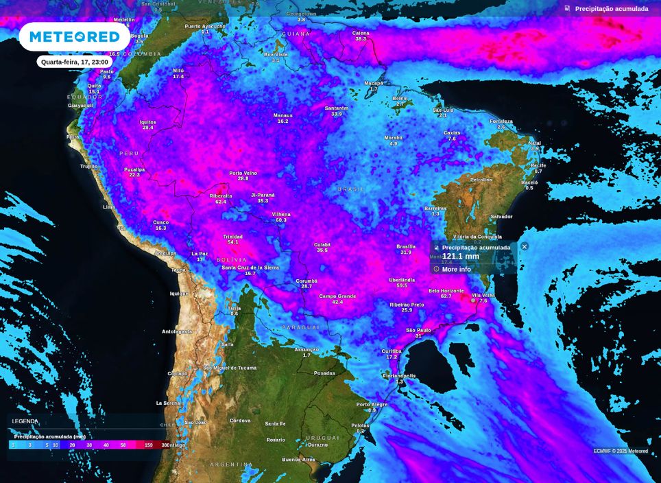 Precipitação acumulada para esta quarta-feira (17).