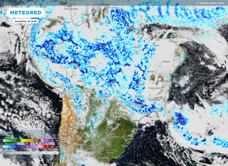 Previsão de nebulosidade e chuva para a tarde desta sexta-feira (19), segundo o modelo ECMWF.