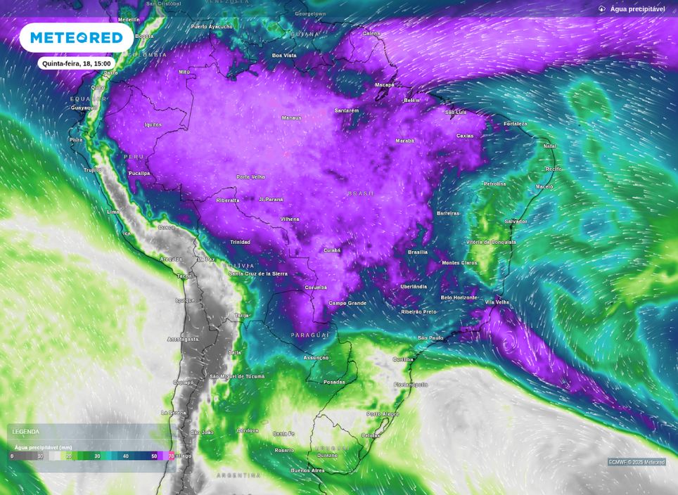Água precipitável disponível para esta quinta-feira (18).