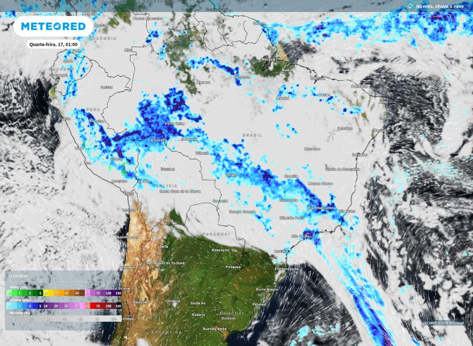 Previsão de nebulosidade e chuva para a madrugada desta quarta-feira (17).