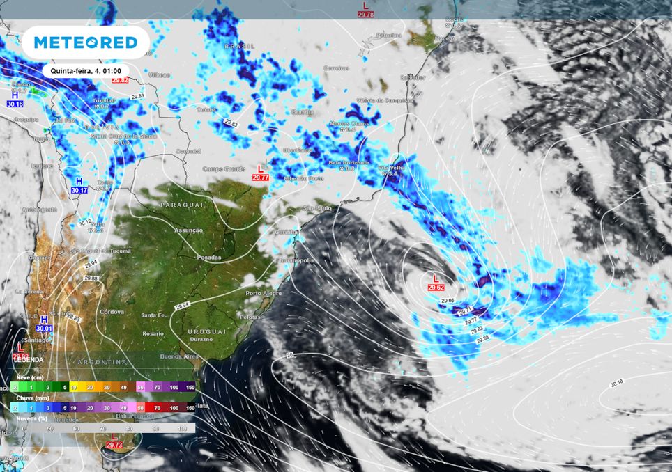Previsão de pressão, ventos, nebulosidade e chuva no final da quarta-feira.