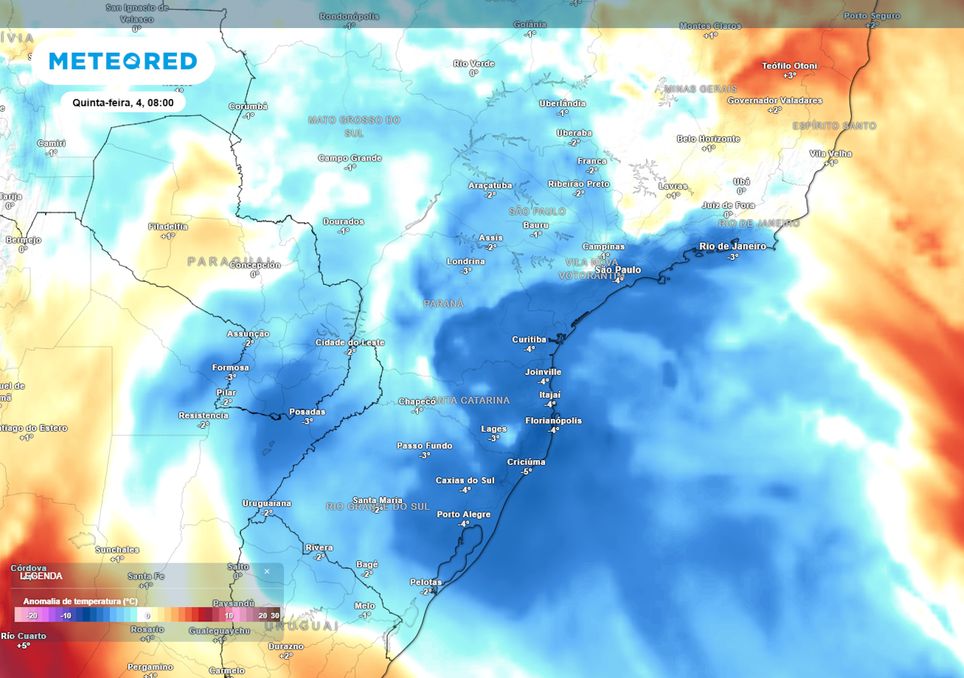 Previsão de anomalias de temperatura em 850 hPa na quinta-feira de manhã.