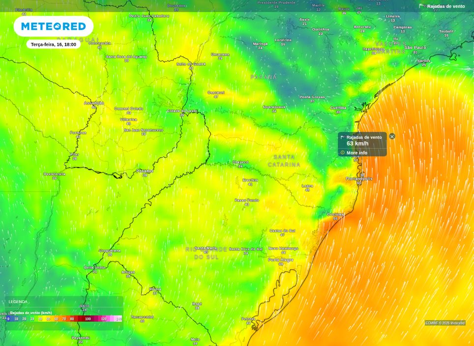 Rajadas de vento superam os 60 km/h em áreas do leste da Região Sul.