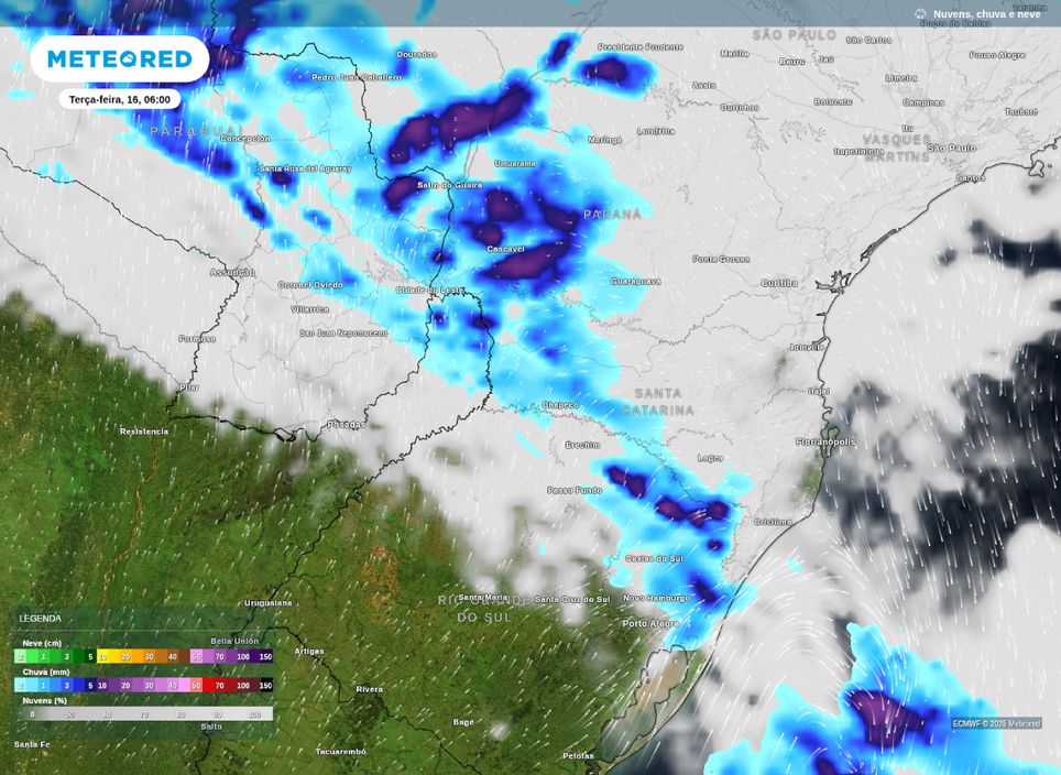 Previsão de chuva para a Região Sul na manhã desta terça-feira (16).