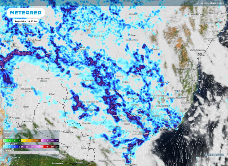Previsão de precipitação para a tarde desta terça-feira sobre o Sudeste e Centro-Oeste do Brasil.