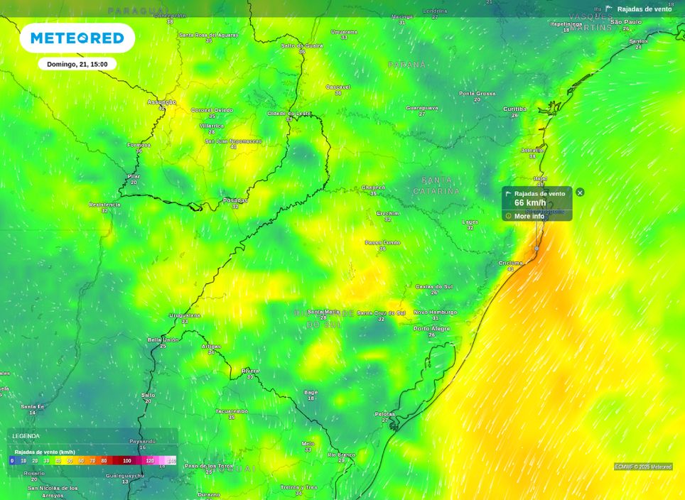 Rajadas de vento previstas para a tarde deste domingo (21).
