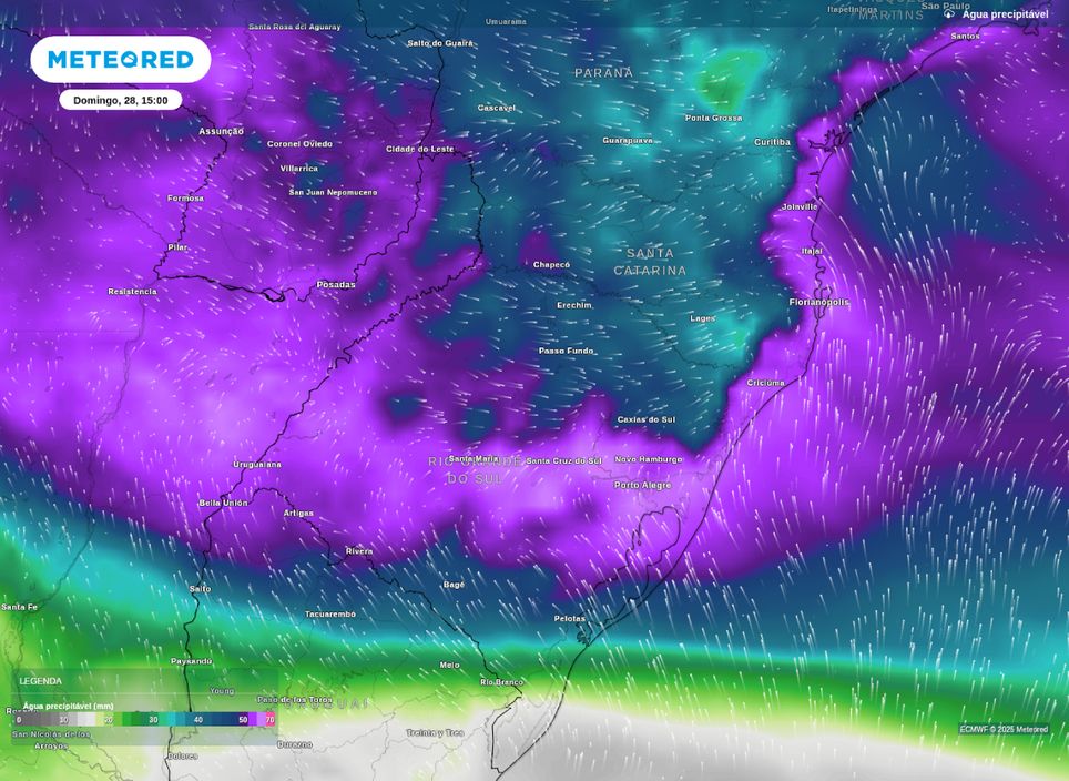 Previsão de água precipitável para a tarde deste domingo (28), de acordo com o modelo ECMWF.