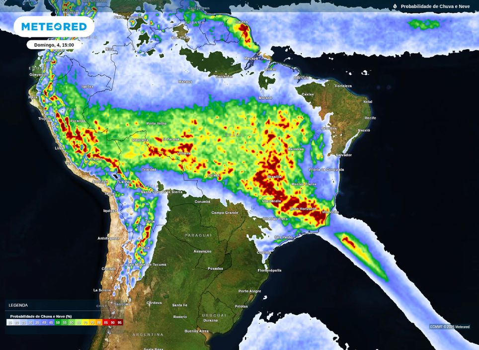 Mapa de probabilidade de chuva sobre o Brasil na tarde de domingo (4). Mapa de probabilidade de chuva sobre o Brasil na tarde de domingo (4).